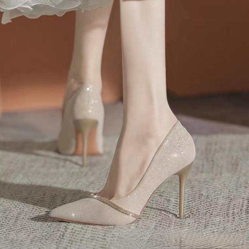 Korean Version Nude Single Shoe Women's 2024 New Spring Fashion French Pointed Diamond Inlaid Minimalist Slim Heel High Heels