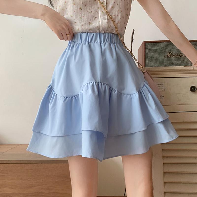 Skirts for Women Ruffled A-line Skirt Female Summer Thin Tutu Skirts Solid Color Preppy Style Elastic High Waist Casual Skirt