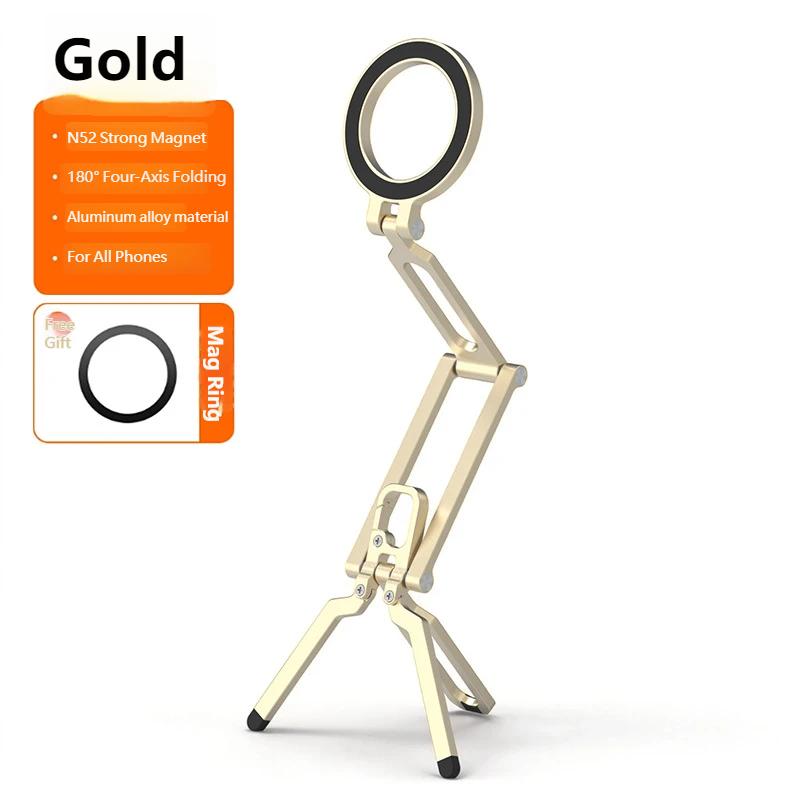Aluminum Alloy Phone Stand Magnetic Desktop Holder Dual Folding Tripod Mount with Carabiner Clip for Outdoor Hiking Vlogging Live Streaming