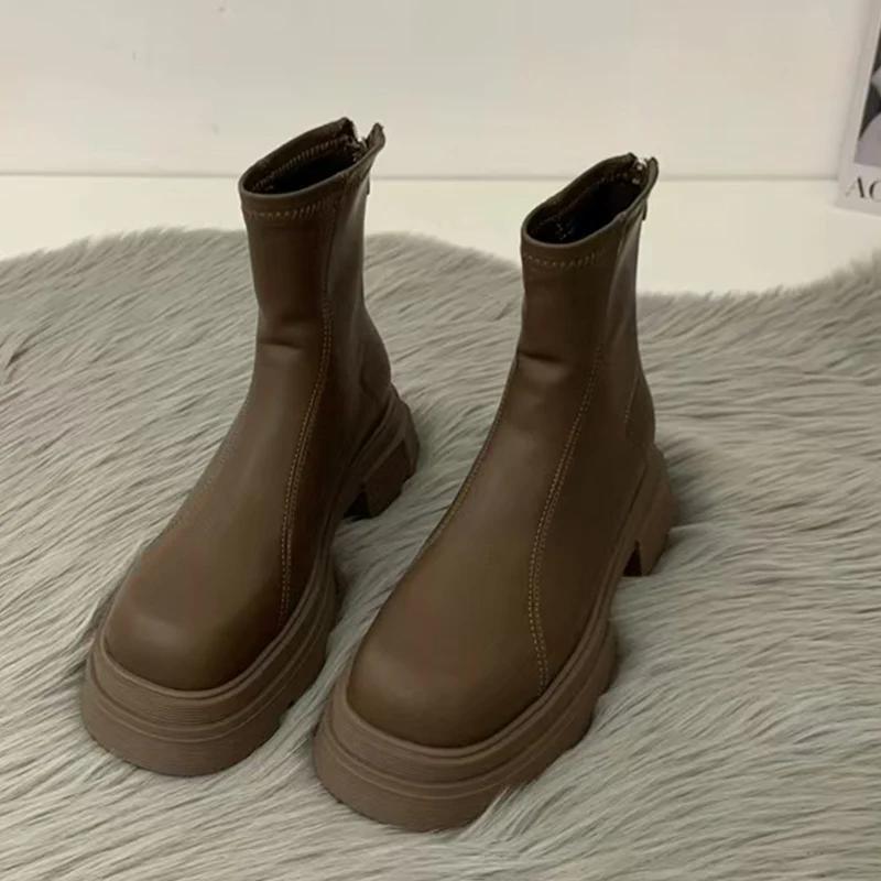 Women Platform Snow Ankle Boots Mid Heels Fashion Motorcycle Boots Trend Winter Designer Leather Shoes Goth Botas De Mujer