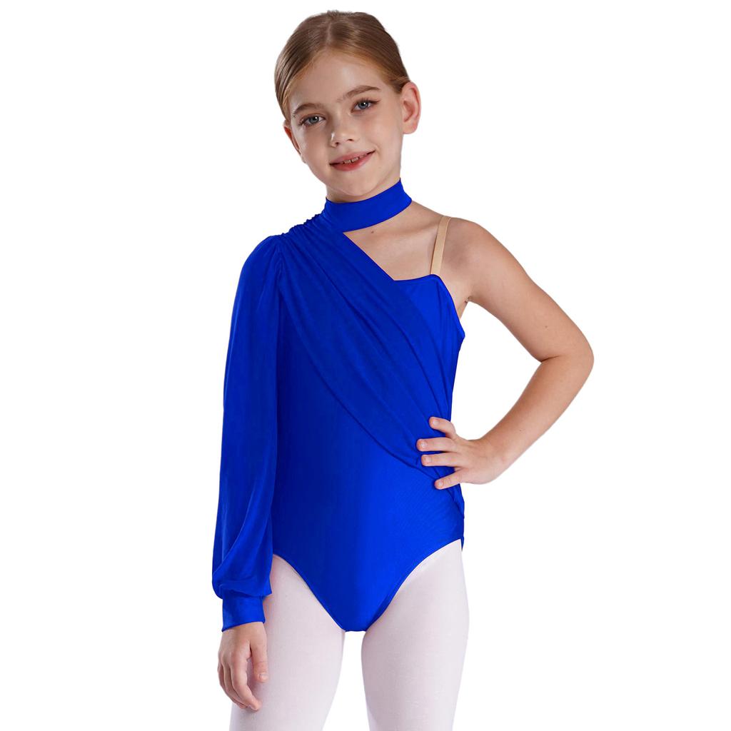 Girls One Shoulder Dance Leotard Stage Performance Costume Mock Neck Long Sleeve Ruched Mesh Overlay Bodysuit for Kids Gymnastics