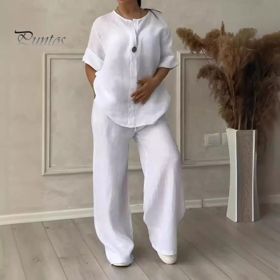 2 Pcs/Set Blouse Pants Set V Neck Long Sleeves Button Decor Top Wide Leg Loose Drawstring Elastic Waist Trousers OL Commute Casual Homewear Outfit