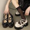 Fashion Punk Style Lolita Shoes Fashionable Rivet Design Shallow Mouth Leather Shoes for Women Summer Bow Thick Soled Tall Single Shoes