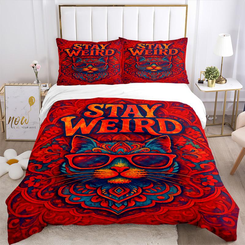 3pcs Stay Weird Cat Duvet Cover Set, Soft Comfortable Duvet Cover,Guest Room (1*Duvet Cover + 2*Pillowcase, Without Core) yy251104167