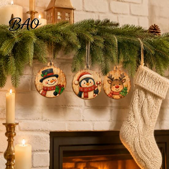 Vintage Style Christmas Tree Tags 8Pcs Wooden Ornaments, Wood Slice Hanging Decor with Santa, Retro Gift Wrap Embellishments Snowman, Gingerbread,
