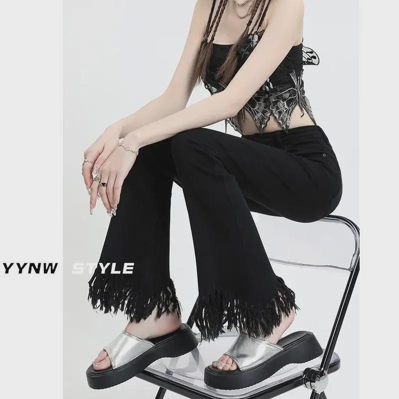 Женские черные расклешенные джинсы с высокой талией - весна/осень 2024 г., эластичный узкий крой с необработанным краем