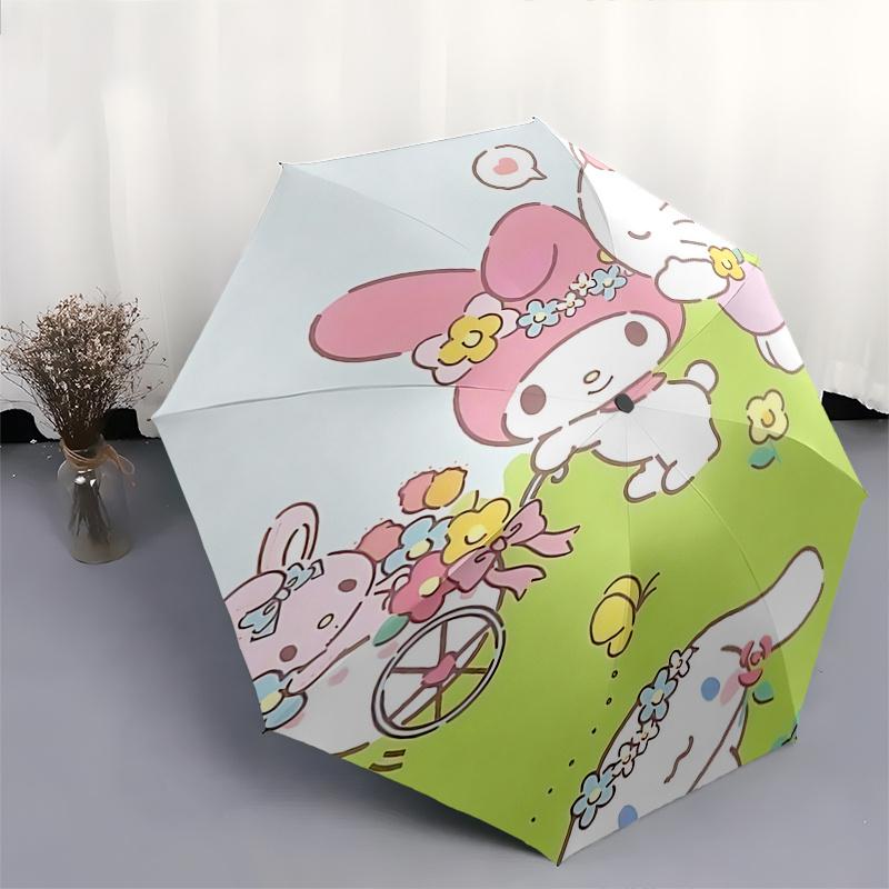 1pc My Melody & Friends Floral Print Automatic Opening/Closing Umbrella with Portable Tri-Fold Design, 8-Bone Iron Frame Outdoor Umbrella, Perfect Gif