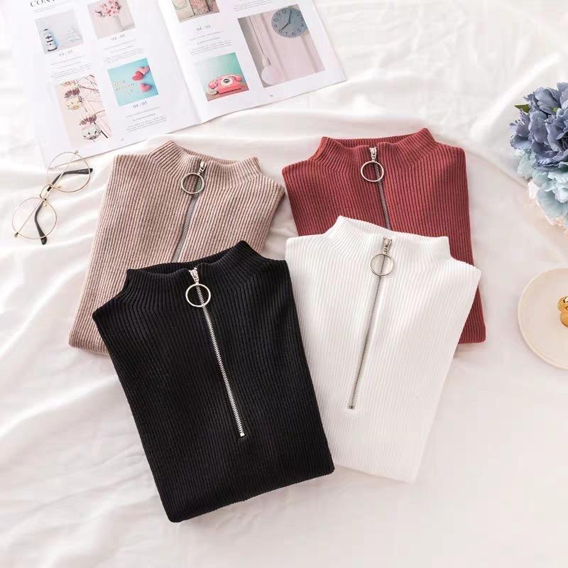 Осенний новый длинный рукав облегающий свитер женский зимний полувысокий воротник на молнии вязаный свитер женский модный базовый теплый трикотажный свитер 24968