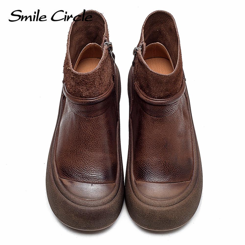 Женские ботинки из натуральной кожи, ботильоны с круглым носком и боковой молнией, модная повседневная обувь на массивном каблуке