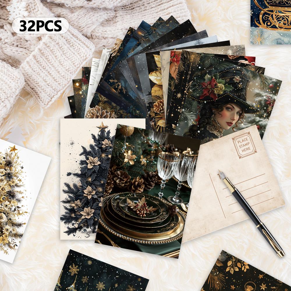 32 шт. Винтажные черные и золотые рождественские открытки, Хэллоуин/Новый год/День рождения, Подарки, Коллекционные, Готовые к отправке