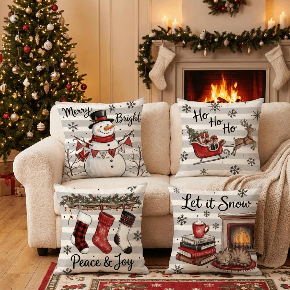 4Pcs Snowman Christmas Pillow Covers Xmas Tree Throw Cushion Case Holiday Cushion Cover Bedroom