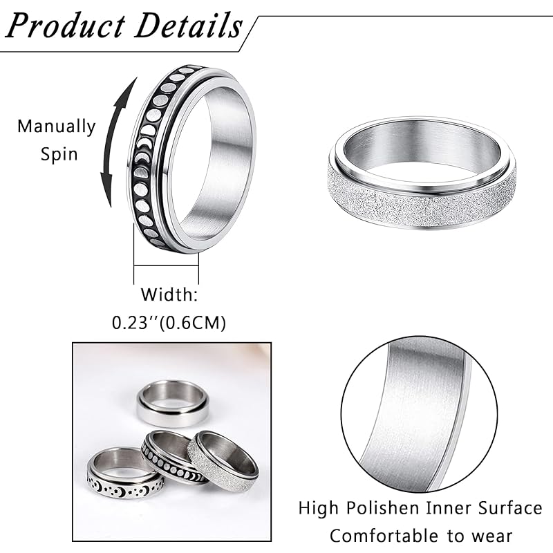 stainless steel ring ring Compatible with metal allergies men's unisex rotatable 4 piece set star moon simple adult cool Popularity boyfriend