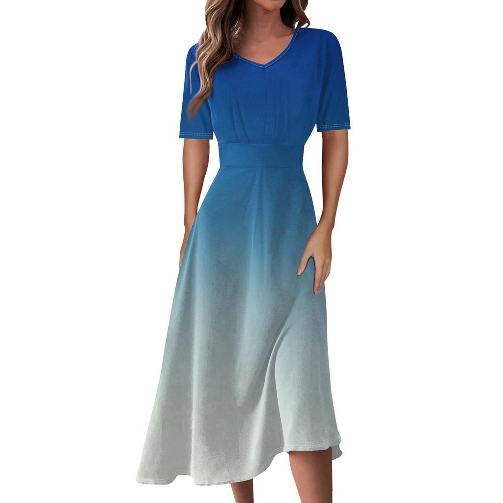 Ladies Casual Fashion Gradient Print V-Neck Short Sleeve Waist Long Swing Dress