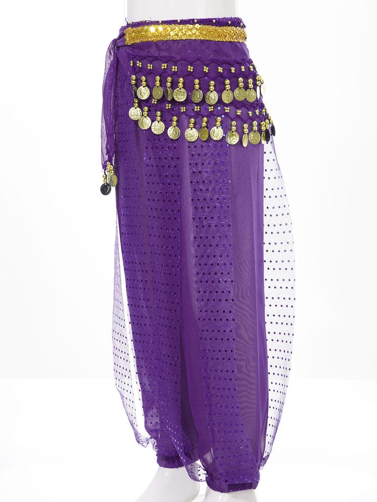 Girls Elegant Belly Dance Pants Sequin Embellished Chiffon Fabric Elastic Waist Beaded Tassels Performance Wear