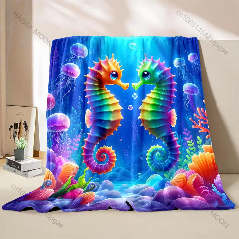 Multi size Colorful Seahorses and Jellyfish Pattern Blanket Flannel Material Soft Warm for All Seasons Home Camping Picnics RV