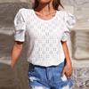 Women Spring Summer Solid Color T-Shirt Hollow Out Jacquard Round Neck Bubble Sleeve Top Blouses