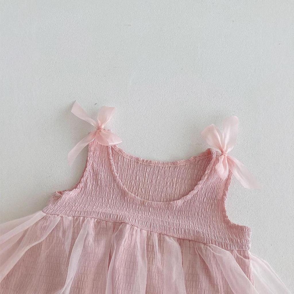 Летний детский комбинезон: Розовое сетчатое платье принцессы со сладким бантом для новорожденных девочек