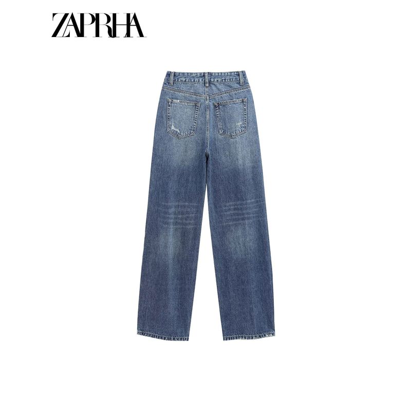 Zaprha 2025 New Arrival Fashion Holes Wide Leg High Waist Arc Profile Denim Female Loose Feeling 8197011
