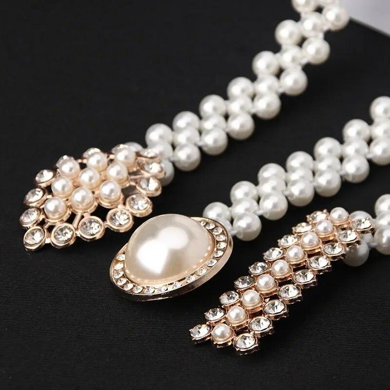 Beautiful Pearl Belts Fashionable White Beaded Pearl Ornament Belt Strong Elastic Cord Belts Woman's Dress Belts