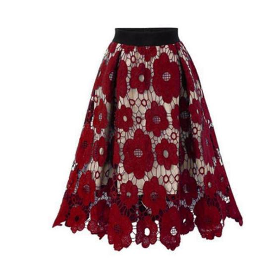 Женская юбка с высокой эластичной резинкой на талии, ажурное кружево с цветочным принтом, большая распашная двухслойная юбка до середины икры, женская вечерние юбка-миди для поездок на работу