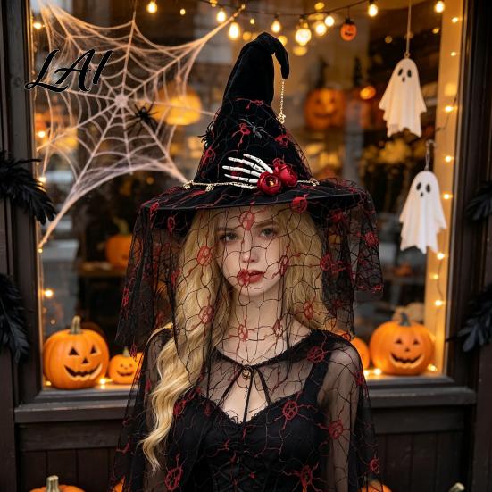 Unique Holiday Party Decor Punk Skeleton Hand Witch Hat with Spider And Veil Black Large Indoor Outdoor Festive Wizard Costume Accessory for Adults,