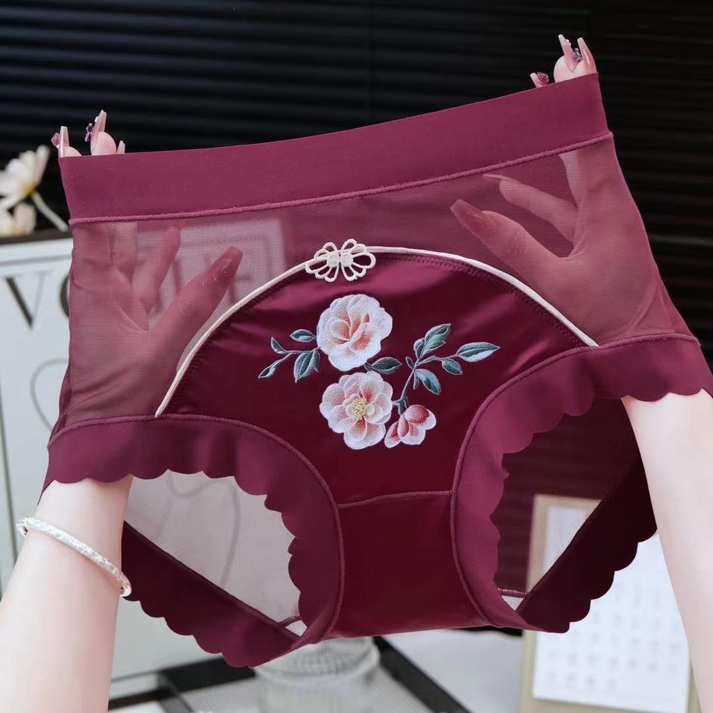Летние традиционные китайские вышитые трусики с высокой талией, сетчатые трусы, кружевные трусы с утягивающим эффектом, женское сексуальное нижнее белье