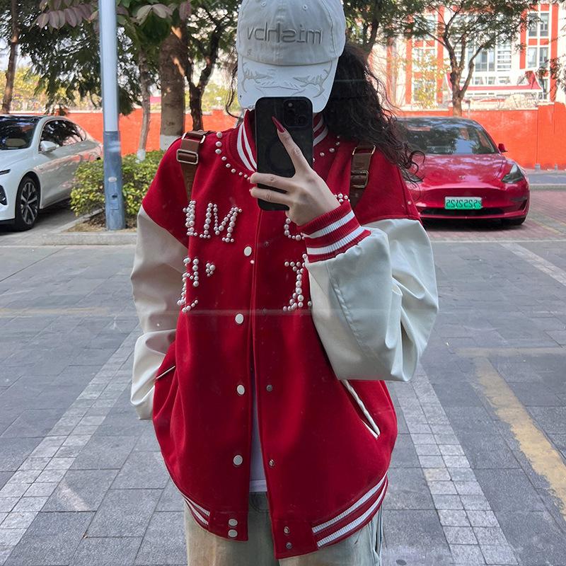 Женская нишевая трендовая свободная красная бейсбольная куртка - Дизайн Весна 2025