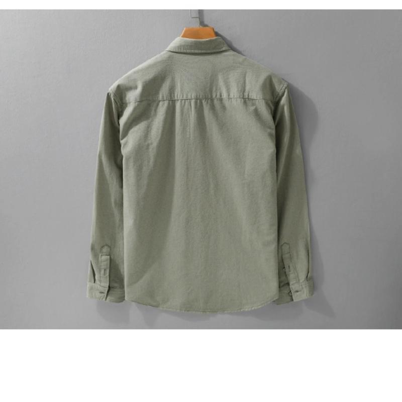 Весна/Осень 100% Хлопок Мужские Рубашки с Длинным Рукавом Повседневные Топы Отложной Воротник Двойные Карманы Зеленая Рубашка Корейский Ретро Стиль Мужская Одежда