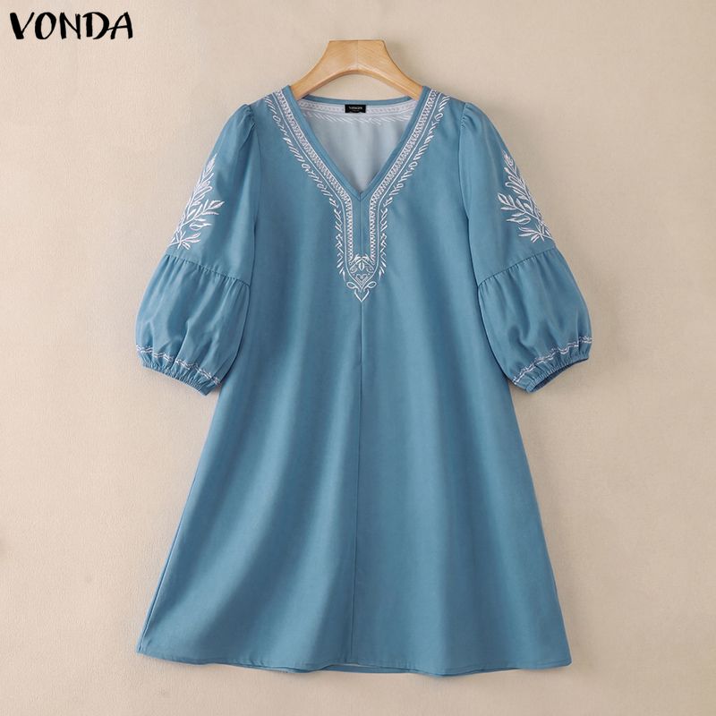 VONDA S-5XL Летнее женское платье с V-образным вырезом, 3/4 рукавом, принтом, элегантное, повседневное, свободное