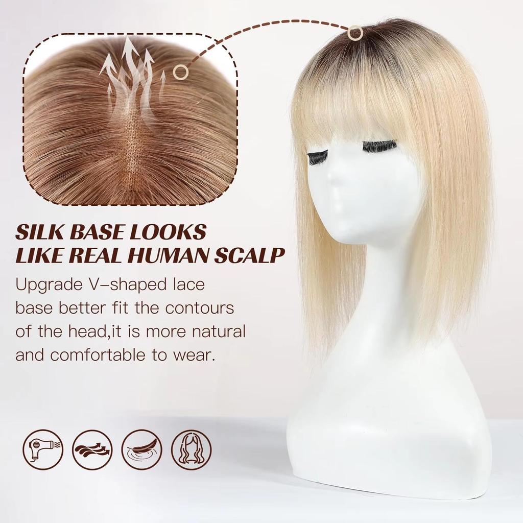 HAIRCUBE Blonde Ombre Human Hair Toppers with Bangs 3Clip Hairpieces Fringe for Women Hair Loss 14 Inch Swiss Lace Invisible Hair Toppers