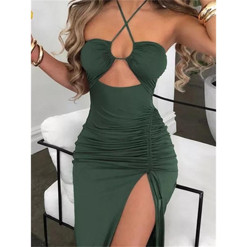 Hollow Out Drawstring Dress Women Sleeveless Backless High Split Elegant Ruched Dress Vestidos Partywear Robe Sexy Femme