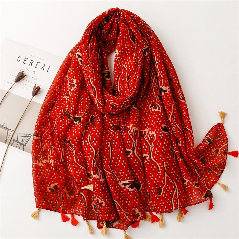 Маленький свежий простой шарф из балийской пряжи, хлопок, лен, на ощупь, женский, с принтом фруктов, зеленых, ярких, желтых листьев, шарф-шаль