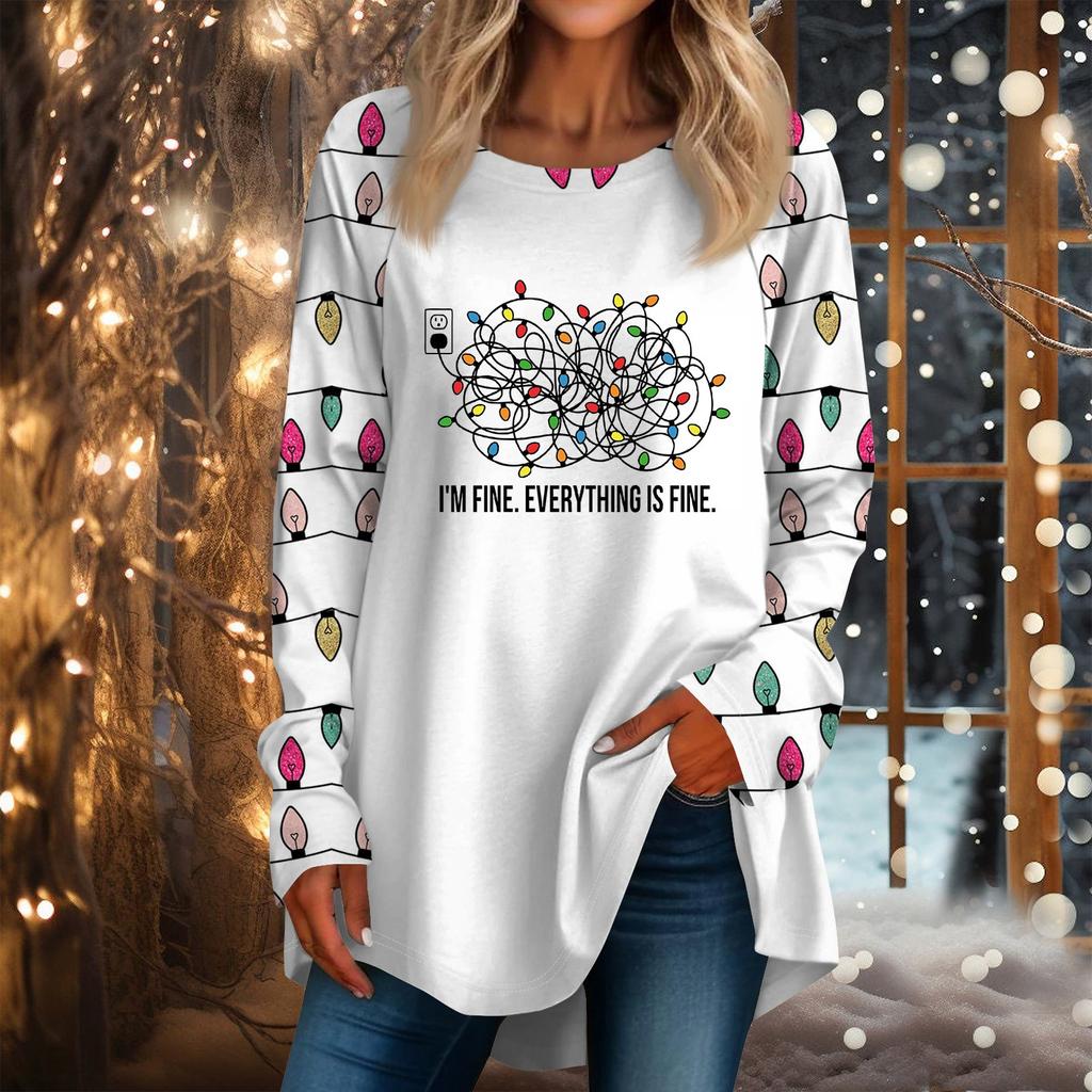 Женская повседневная футболка больших размеров с длинными рукавами и круглым вырезом с рождественским принтом, топ, пуловер