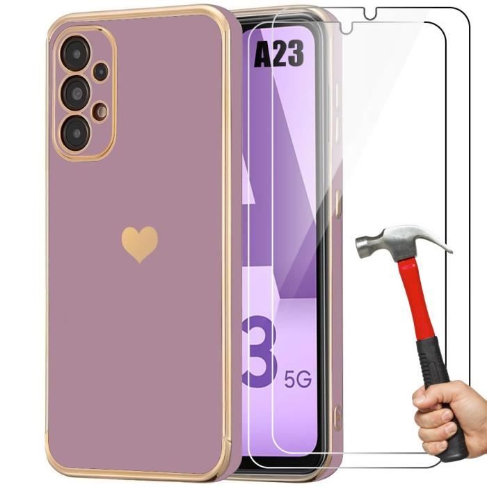 Coque pour Samsung Galaxy A23 5G - Antichoc - Violet - Motif Cœur - 2 Verres Trempés