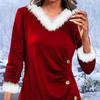 Women Christmas Top V Neck Button Decor Pleated Color Matching Thick Loose Warm Pullover Long Sleeve Lady Fall Winter T-shirt New Year Top