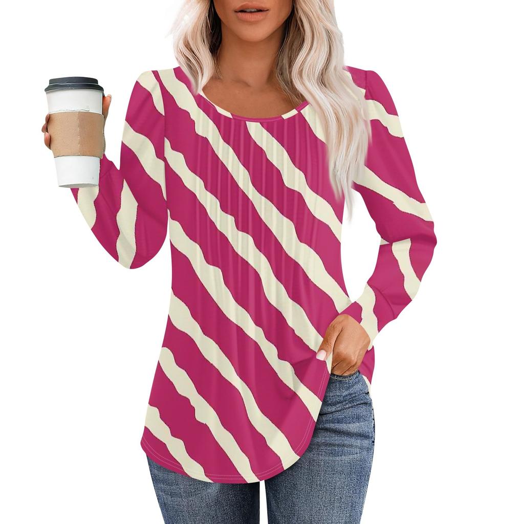 Рубашки с длинным рукавом для женщин, топы, нарядные повседневные блузки, плиссированные топы-туники с круглым вырезом