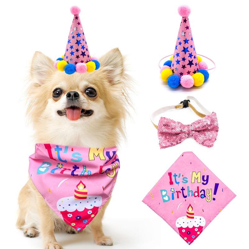 Manufacturer Luxury Three-Piece Set New Happy Birthday Dog Bandana Dog Collar Party Hat Accessories-Summer Polyester
