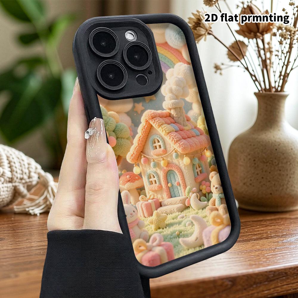 Phone Case: 2D flat design suitable for iPhone 18, 17, 16, 15, 14, 13 Pro protective case, rainbow plush little house, perfect Christmas and Halloween