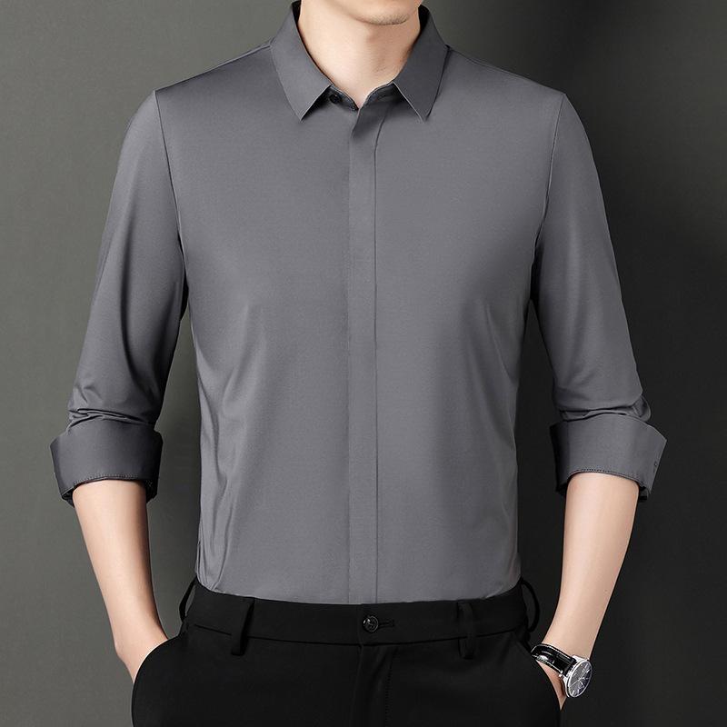 Men's Long-Sleeved Shirt Spring and Autumn Dark Placket Business Casual Solid Color Elastic Seamless Shirt