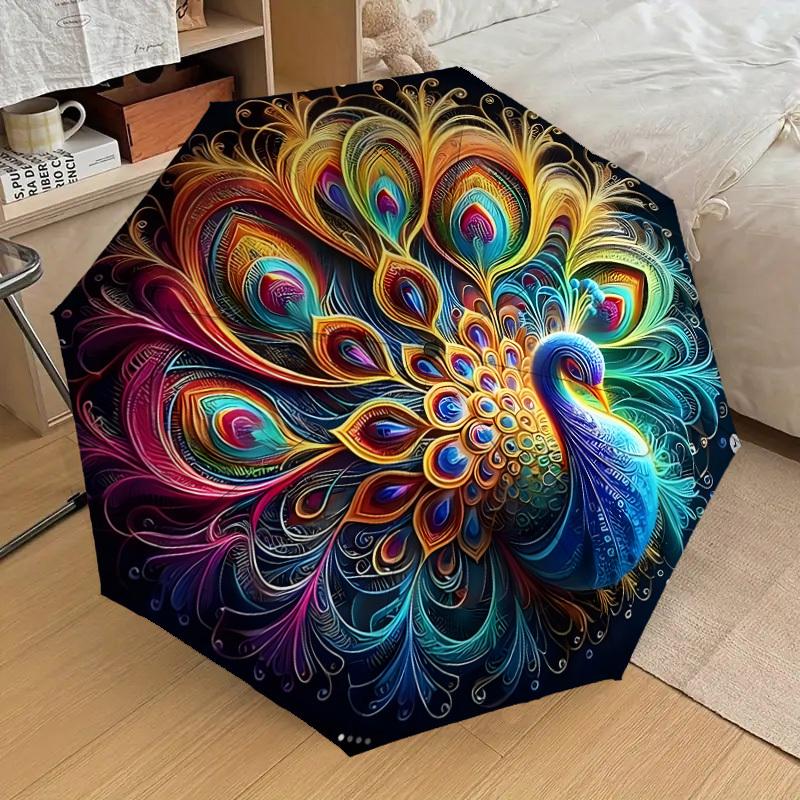 1pc Colorful Peacock Feather Mandala Umbrella with Plastic Handle,Suitable for All Seasons Home Travel Outdoor UmbrellaDD1244