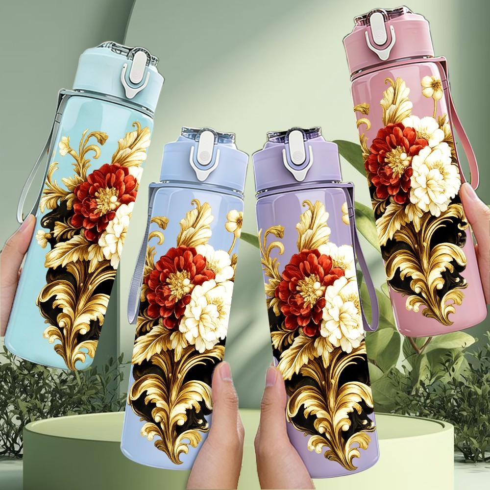 1PC Dried Wheat Floral Bouquet Print 750ml Color Plastic Sports Water Bottle Leakproof Flip Straw Lid Suitable for Sports Office Home Use