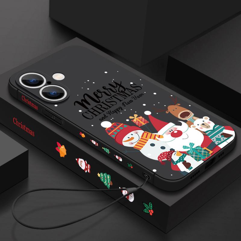 Christmas Elk Santa Pattern Slim Magnetic Cover For Iphone 16e 15 Pro Max 14 13 12 Pro 11 For Magsafe Matte Shockproof Soft Tpu Lanyard Phone Case