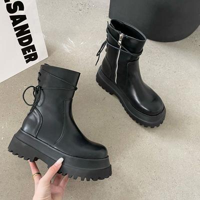 Универсальные ботинки Мартин 2025 осень и зима новые шнуровка сзади боковая молния толстая подошва увеличивающие рост женские короткие ботинки ботинки в рыцарском стиле в британском стиле