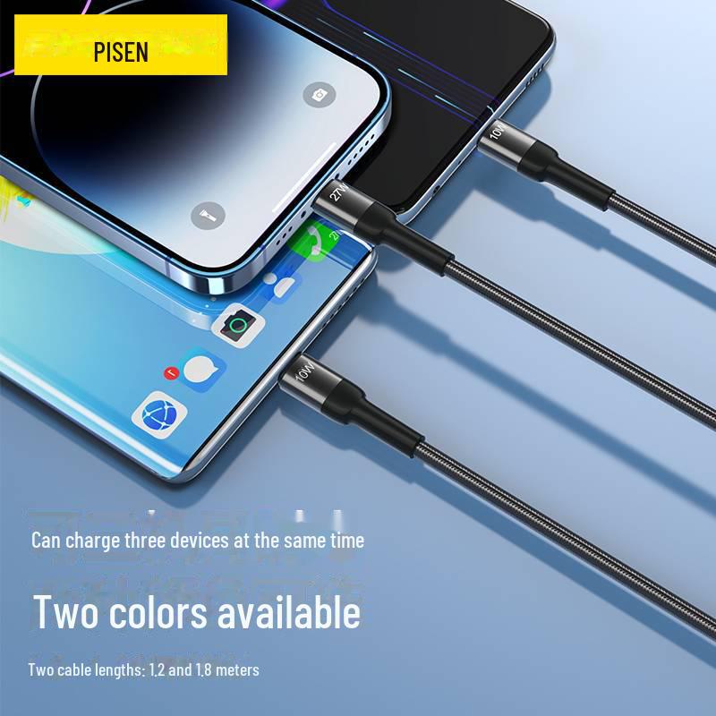 PISEN Кабель Type-C «Три в одном» для быстрой зарядки в оплетке для Apple и Huawei