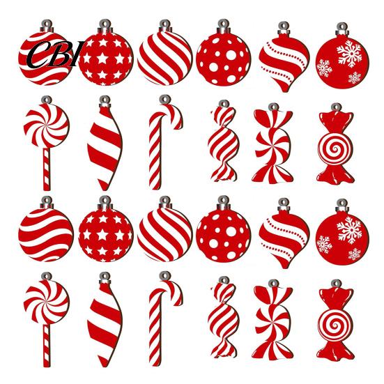 Seasonal Tree Ornament Set 12/24/36 Pcs Wooden Candy Cane Christmas Ornaments, Hanging Lollipop Ball Decor, Double-Sided Indoor Holiday Party Supplies