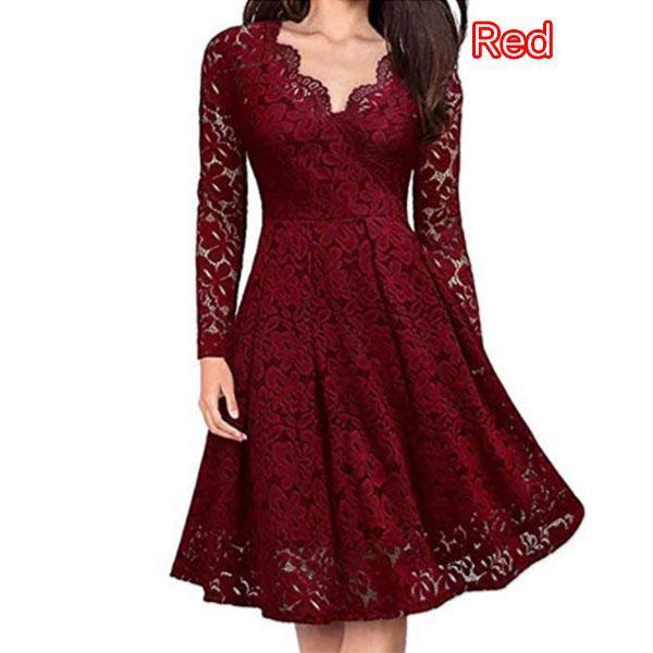 Женское кружевное платье, новое сплошное цветное платье с v-образным вырезом и длинным рукавом, большие качели, тонкая юбка-миди, женские осенние и зимние вечерние модные платья