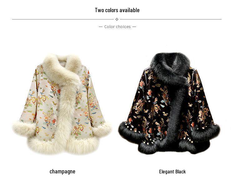 Зимнее пальто из искусственного меха в китайском стиле 2025 года: Женский атласный плащ Тан с бисером средней длины