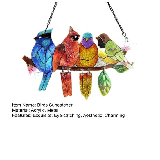 Birds On A Branch Suncatcher Stained Glass Acrylic Window Hanging Decoration with 4 Birds for Garden Home Decor Bird Lover Gift for Mom Grandma