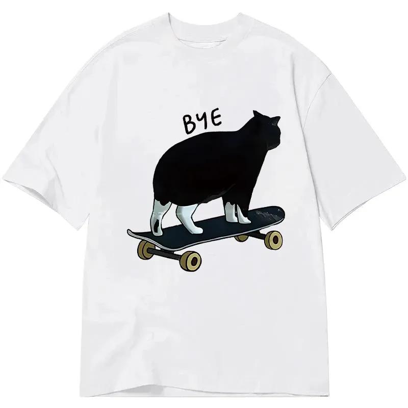 Bye Skateboarding Cat Tshirt Unisex Unisex Funny Cool Cat On Skateboard Print Oversized Casual Streetwear Short Sleeve Tee Tops