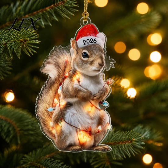 Christmas Tree Hanging Accessories Animal Ornaments with Lanyard, Cute Double Sided Pendant 2026 Acrylic Gift Tags Santa Hat, 2D Flat Sign for Holiday